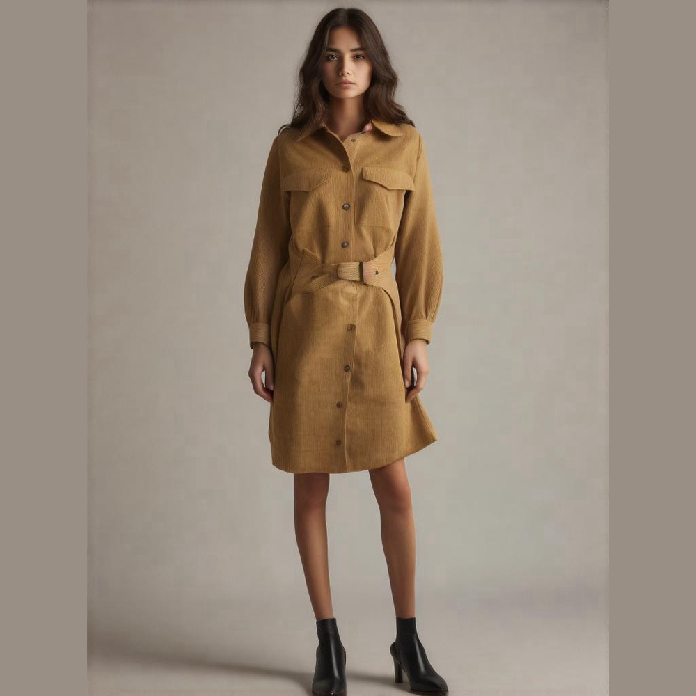 Vici Women's Medium Brown Corduroy Collared Belted Long Sleeve Shirt Dress NWOT